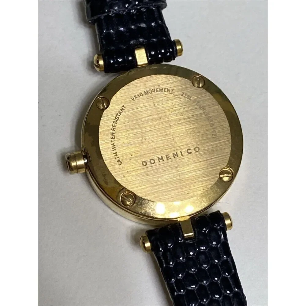 Ladies Domeni Black‎ & Gold Watch Pebbled Leather Band VX10 Movement